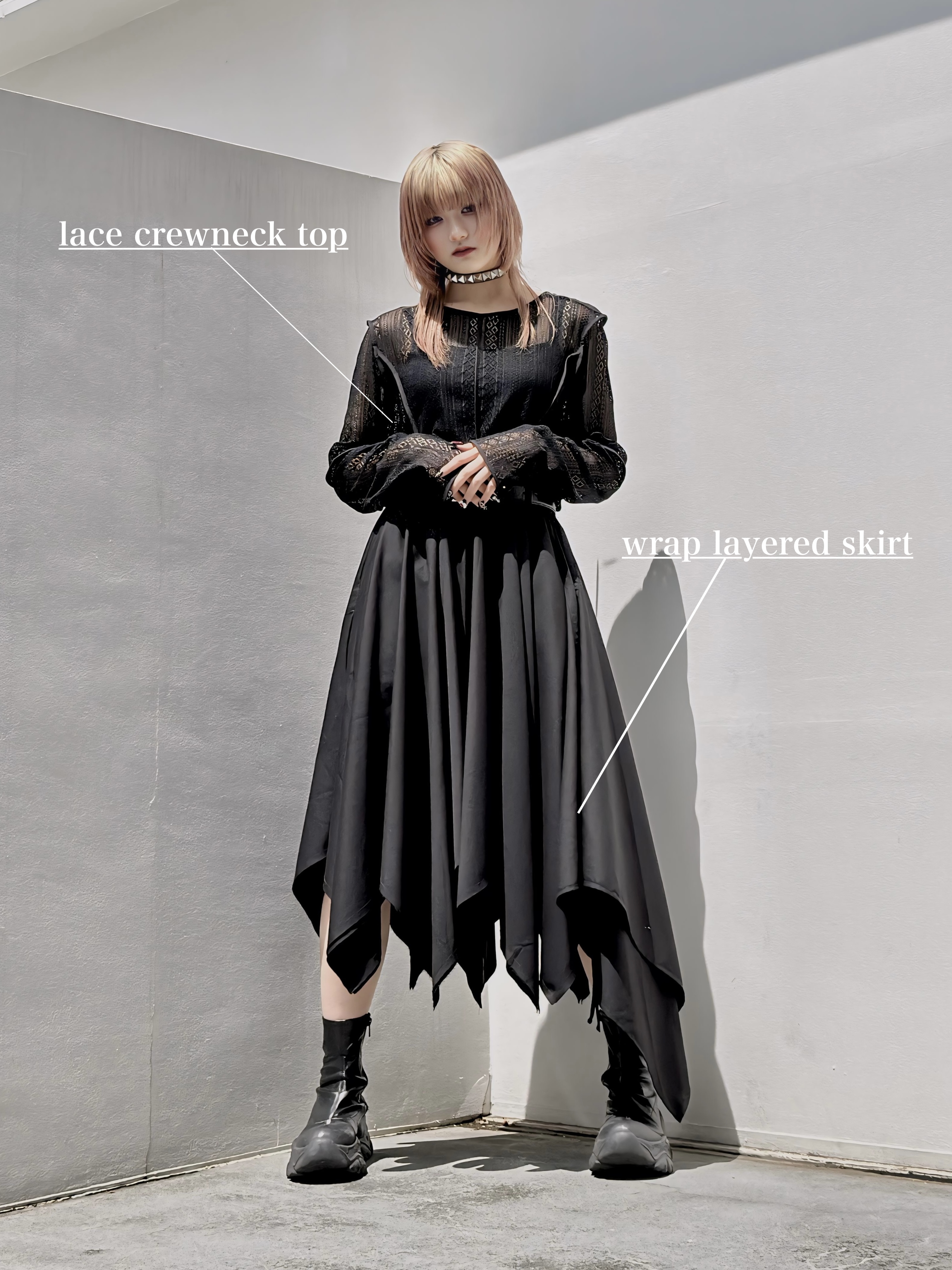 lace crewneck top × wrap layered skirt